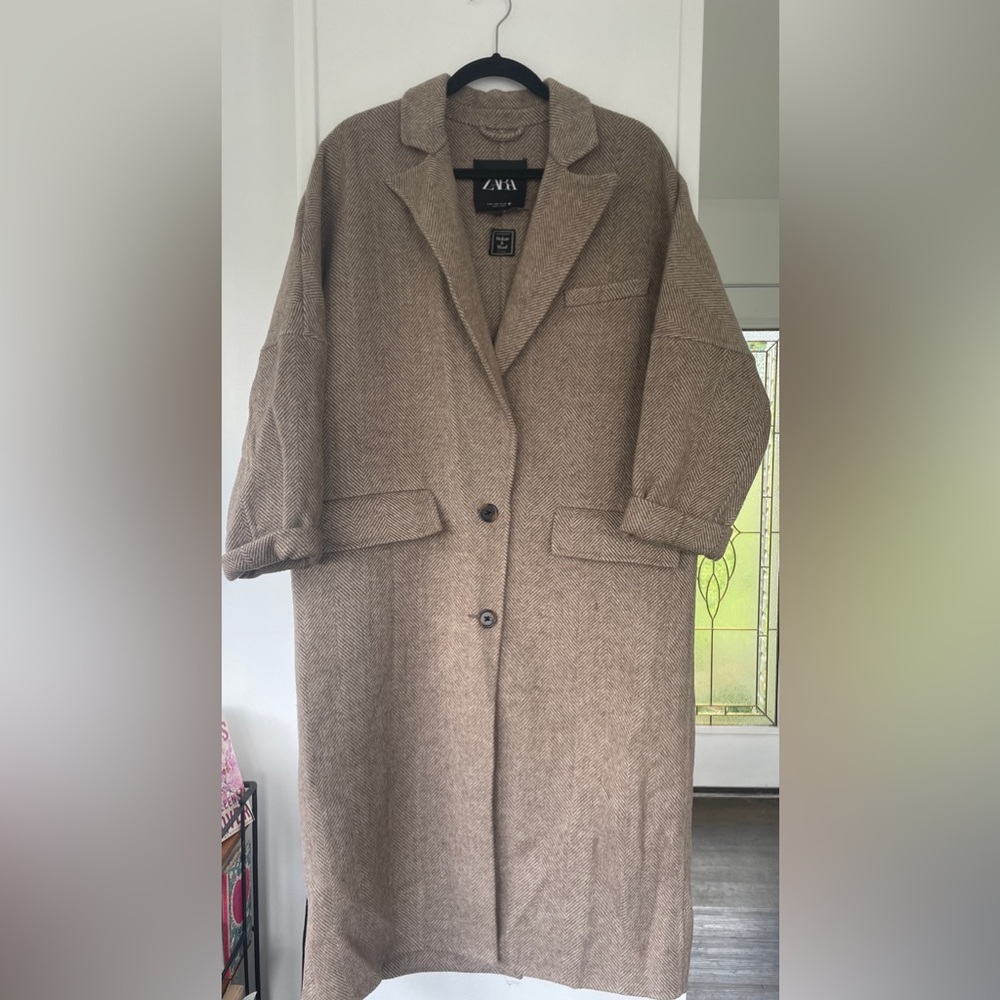 Zara Tan Cream Herringbone Mohair Wool Coat